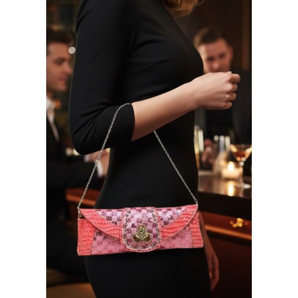 Evening Bag - Sequined Checker w/ Croc Embossed Trim Flap - Pink - BG-CE9915PK